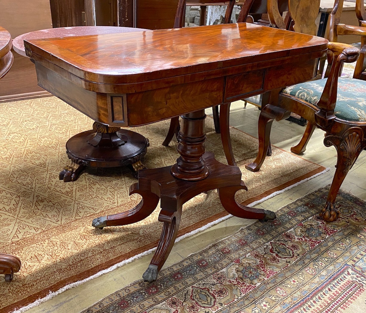 A Regency banded mahogany folding card table, width 90cm, depth 45cm, height 73cm